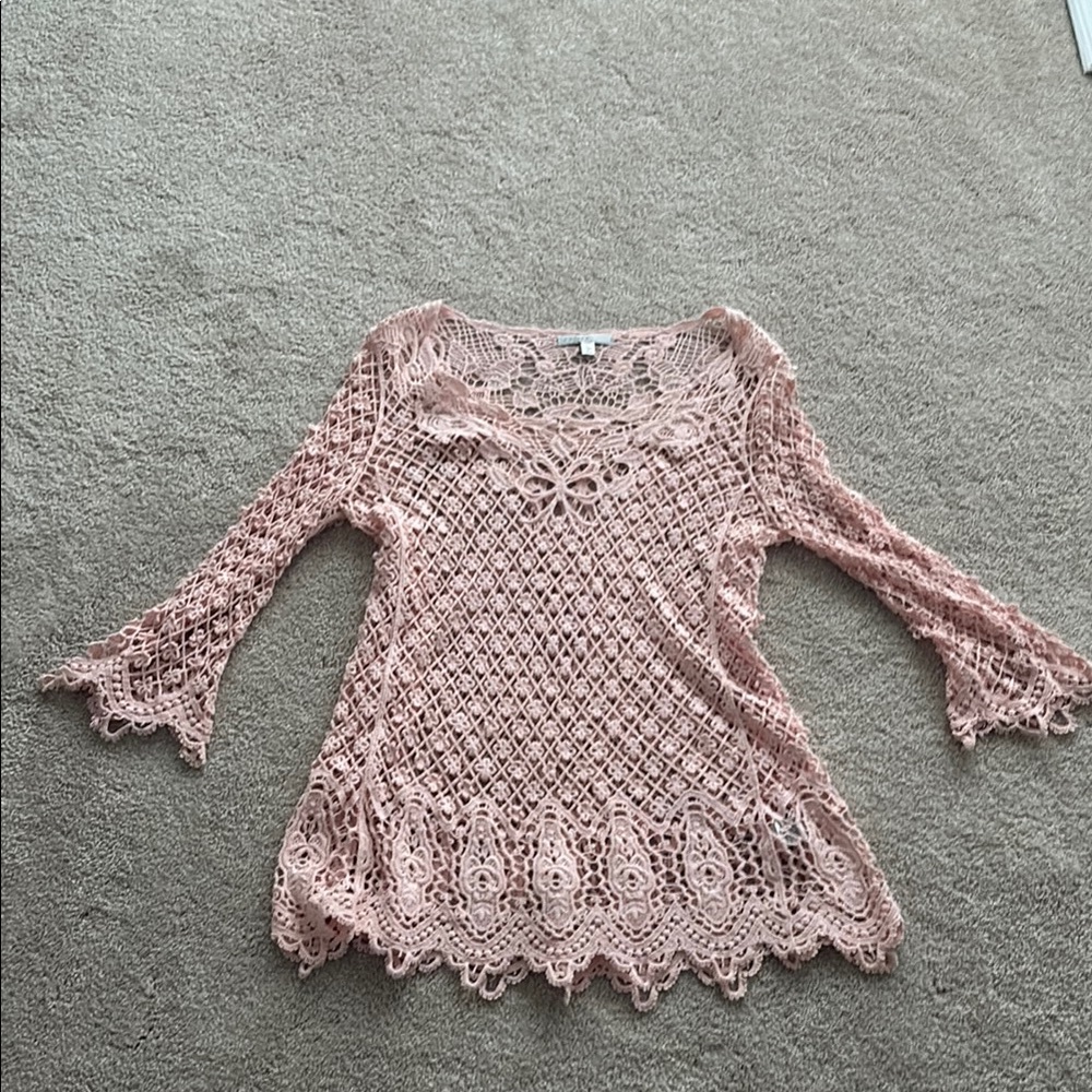 Fever Pink Crochet Tunic with Ruffled Sleeves